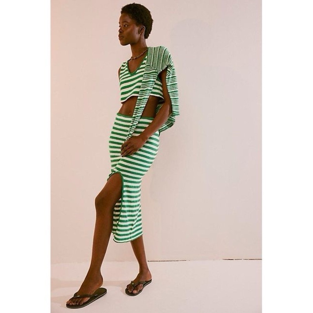 NWT Free People Bailey 3 Piece Sweater Skirt Set Terry Green Stripe Large